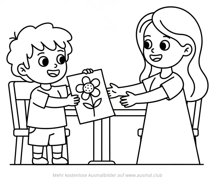 Kind überreicht Mutter Ausmalbild mit Blume