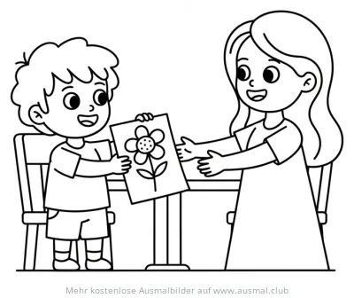 Kind überreicht Mutter Ausmalbild mit Blume