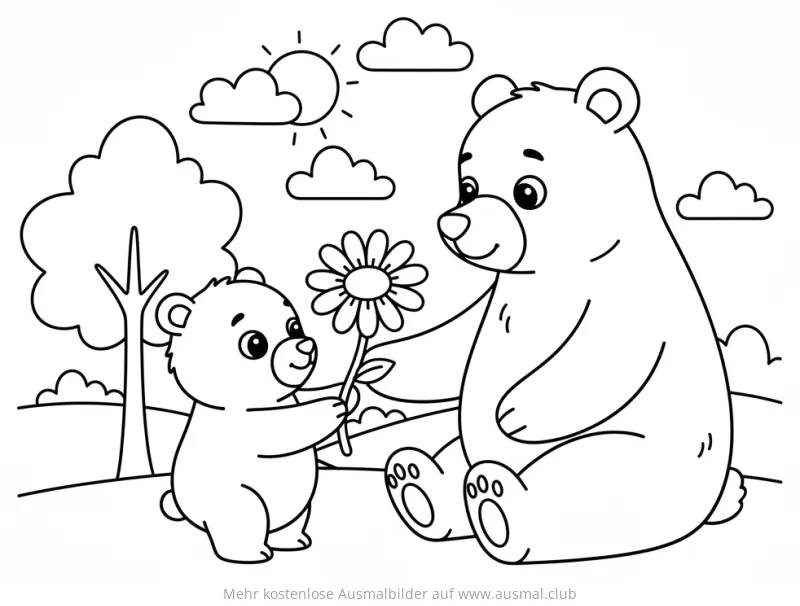 Bär überreicht Bärenmutter Blume Ausmalbild