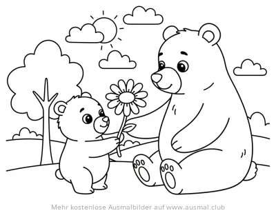 Bär überreicht Bärenmutter Blume Ausmalbild