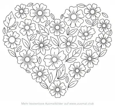 Blumenherz Ausmalbild für den Muttertag mit Blumen und Blättern