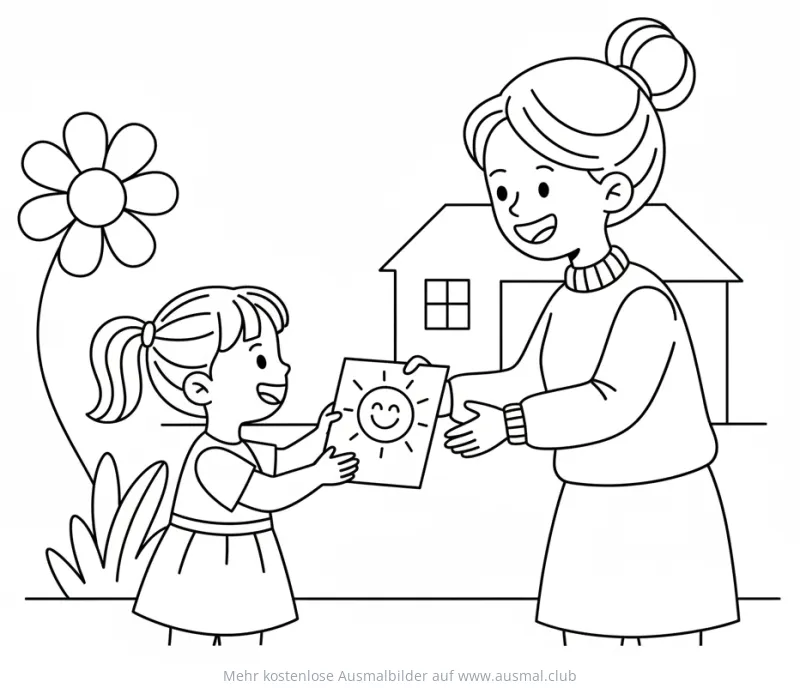 Mädchen schenkt Mutter selbstgemaltes Sonnen-Bild Ausmalbild