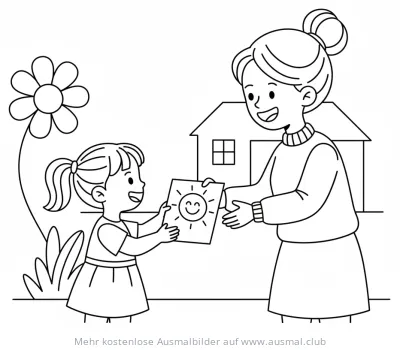 Mädchen schenkt Mutter selbstgemaltes Sonnen-Bild Ausmalbild