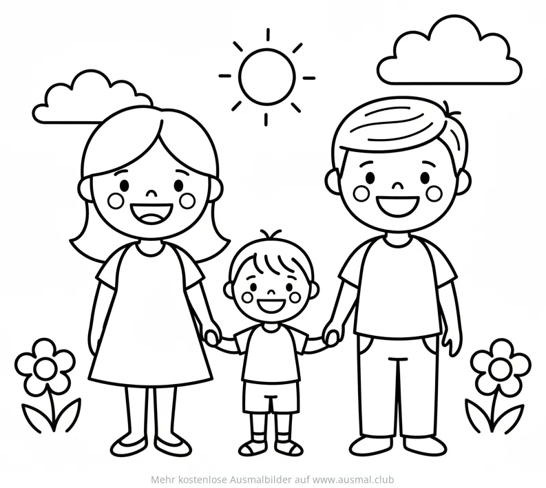 Fröhliche Familie (Mutter, Vater, Kind) mit Sonne und Blumen Ausmalbild