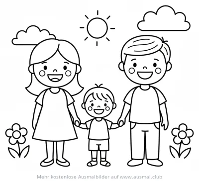 Fröhliche Familie (Mutter, Vater, Kind) mit Sonne und Blumen Ausmalbild