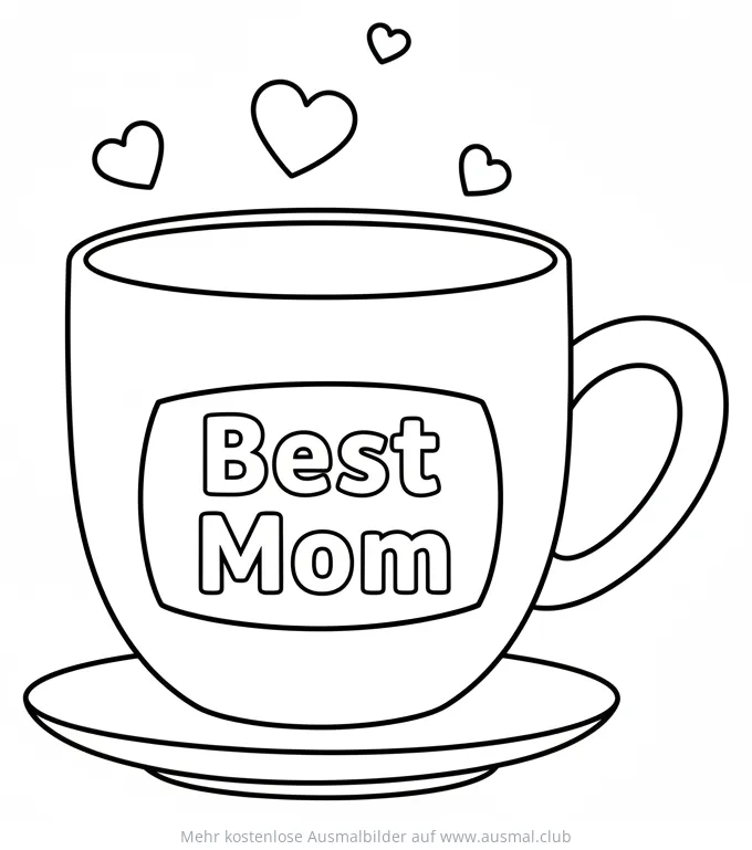 Tasse mit Aufschrift "Best Mom" und Herzen Ausmalbild