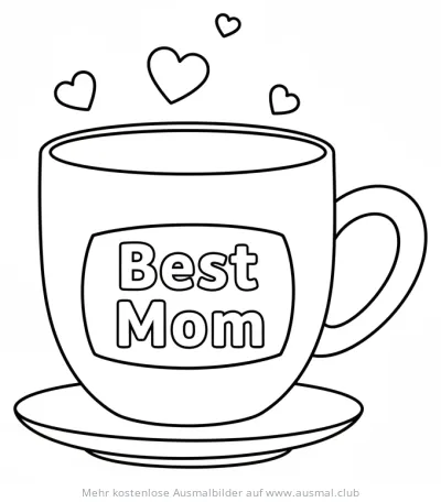 Tasse mit Aufschrift "Best Mom" und Herzen Ausmalbild