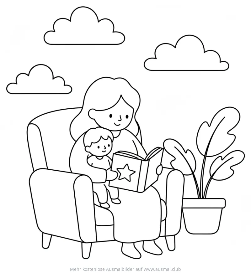 Mutter liest Kind aus Buch vor Ausmalbild