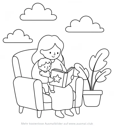 Mutter liest Kind aus Buch vor Ausmalbild