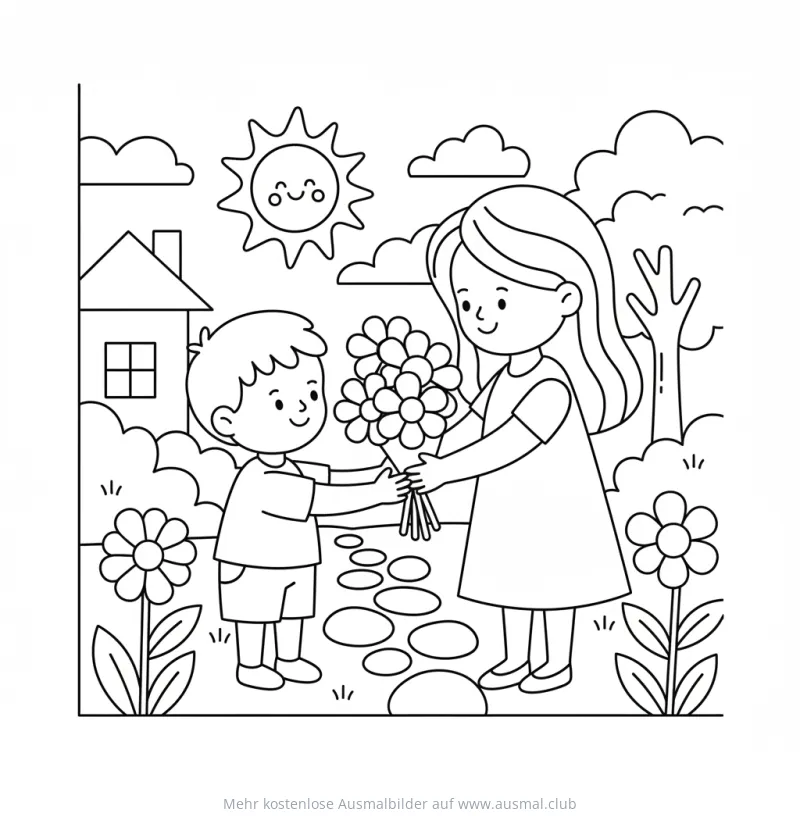 Junge schenkt Mutter Blumenstrauß im Garten Ausmalbild