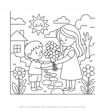 Junge schenkt Mutter Blumenstrauß im Garten Ausmalbild