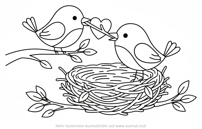 Zwei Vögel mit Herz an Vogelnest Ausmalbild