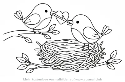 Zwei Vögel mit Herz an Vogelnest Ausmalbild