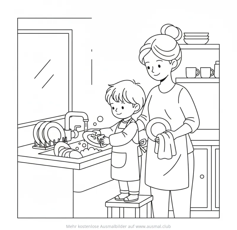 Mutter und Kind waschen gemeinsam Geschirr ab Ausmalbild