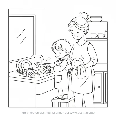 Mutter und Kind waschen gemeinsam Geschirr ab Ausmalbild