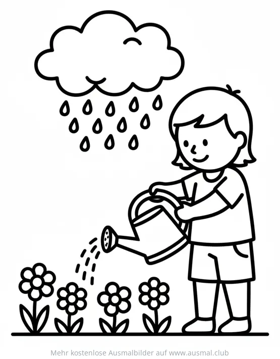 Kind gießt Blumen mit Gießkanne unter Regenwolke Ausmalbild