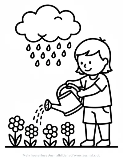 Kind gießt Blumen mit Gießkanne unter Regenwolke Ausmalbild