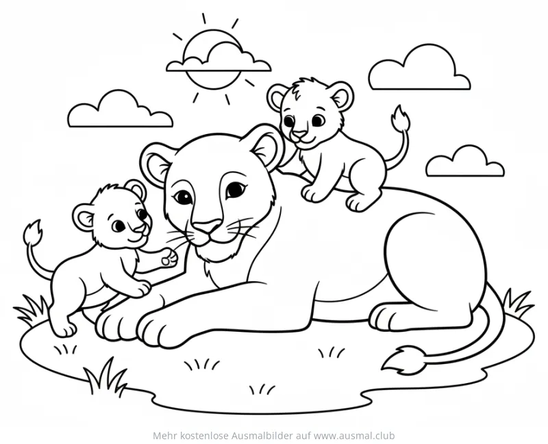 Löwenmutter mit zwei Jungen Ausmalbild