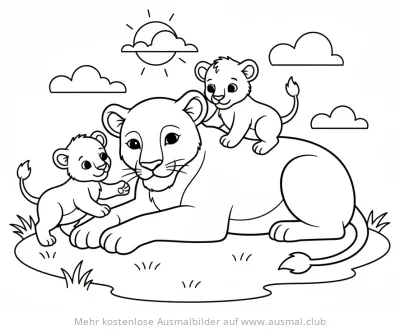 Löwenmutter mit zwei Jungen Ausmalbild