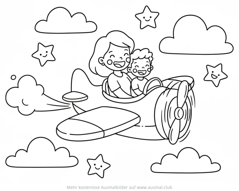 Mutter und Kind im Flugzeug, umgeben von Sternen und Wolken, Ausmalbild zum Muttertag