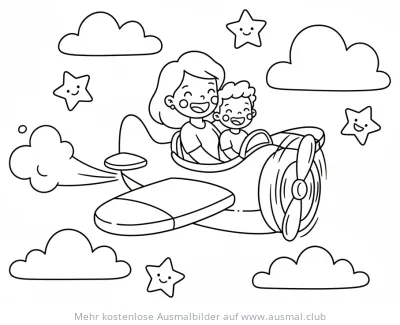 Mutter und Kind im Flugzeug, umgeben von Sternen und Wolken, Ausmalbild zum Muttertag
