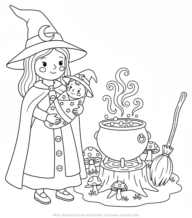 Hexe mit Baby am Kessel Ausmalbild