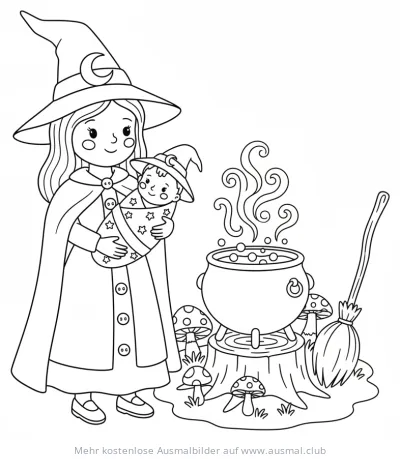 Hexe mit Baby am Kessel Ausmalbild