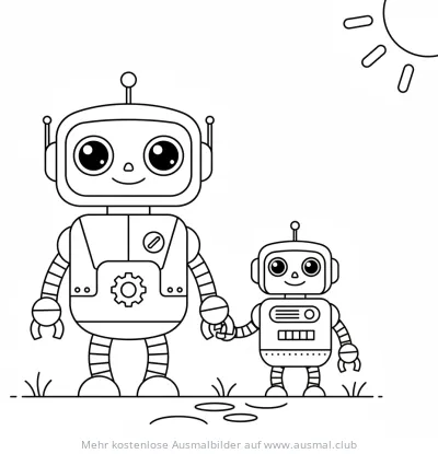 Zwei Roboter (groß und klein) halten Händchen Ausmalbild