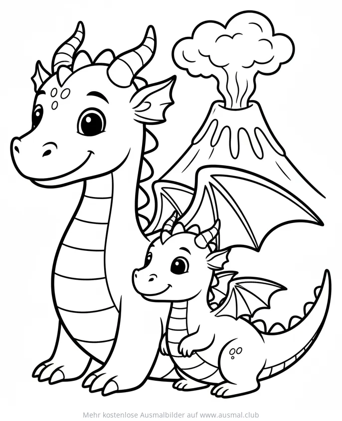 Drachenmama mit Drachenbaby vor Vulkan Ausmalbild