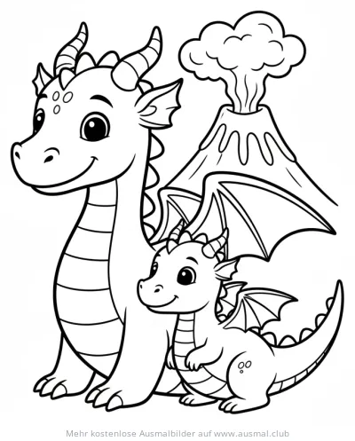 Drachenmama mit Drachenbaby vor Vulkan Ausmalbild