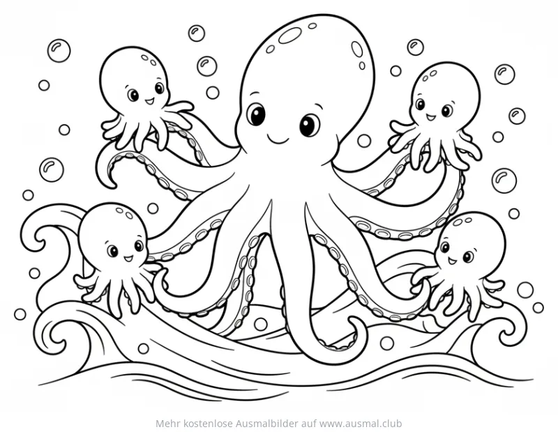 Oktopus Mama mit ihren vier Kindern auf Wellen, Ausmalbild