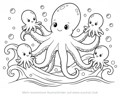 Oktopus Mama mit ihren vier Kindern auf Wellen, Ausmalbild