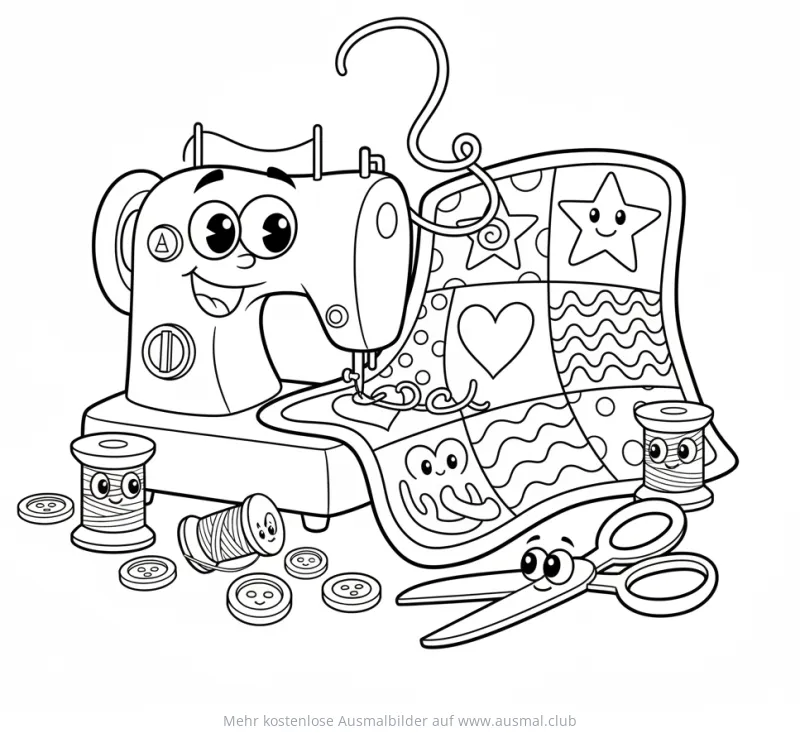 Freundliche Nähmaschine mit Patchwork-Decke, Garnrollen und Schere Ausmalbild
