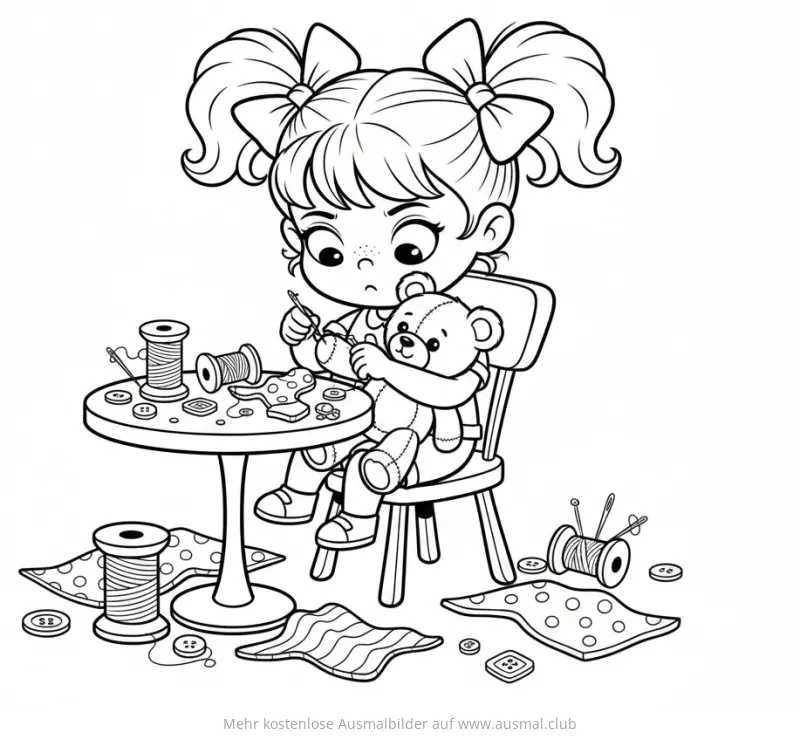 Mädchen näht Teddybär Ausmalbild