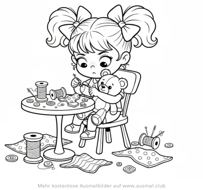 Mädchen näht Teddybär Ausmalbild