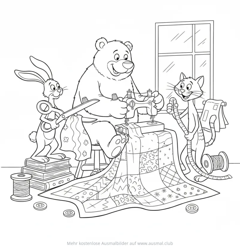 Bär, Hase und Katze an Nähmaschine Ausmalbild