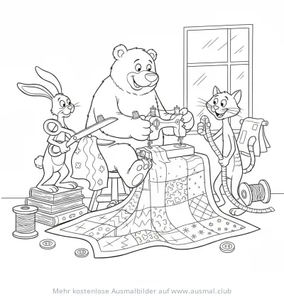 Bär, Hase und Katze an Nähmaschine Ausmalbild