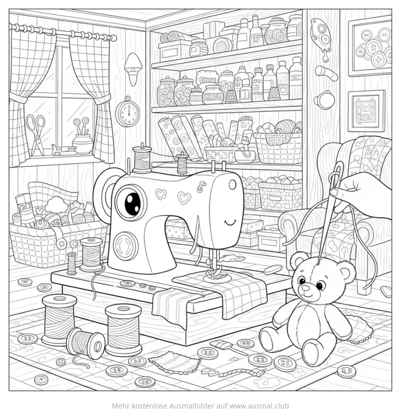 Freundliche Nähmaschine mit Teddybär Ausmalbild