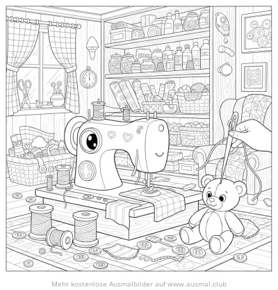 Freundliche Nähmaschine mit Teddybär Ausmalbild