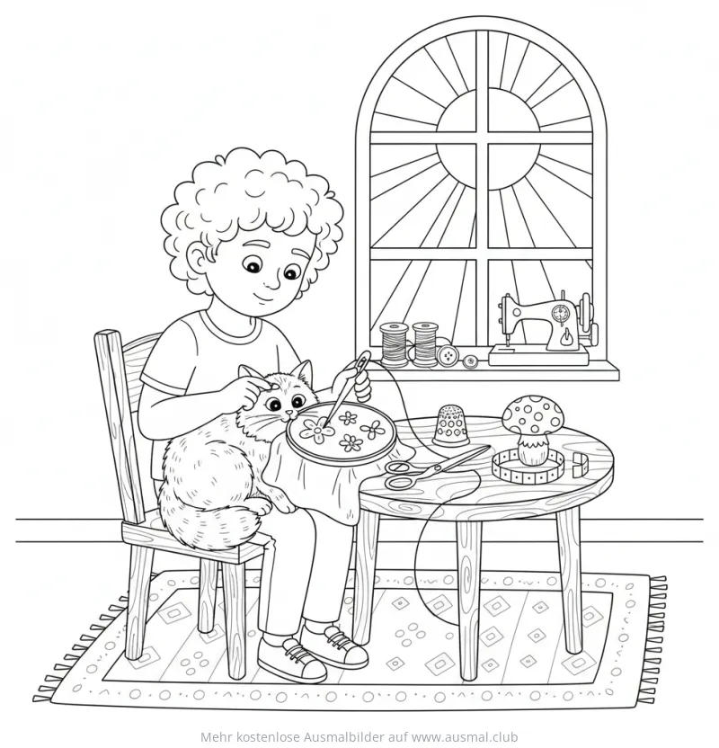Junge mit Katze beim Sticken Ausmalbild