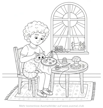 Junge mit Katze beim Sticken Ausmalbild