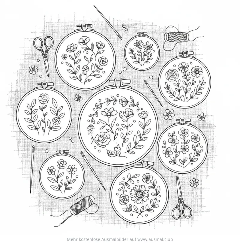 Mehrere Stickrahmen mit floralen Motiven Ausmalbild