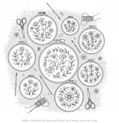 Mehrere Stickrahmen mit floralen Motiven Ausmalbild