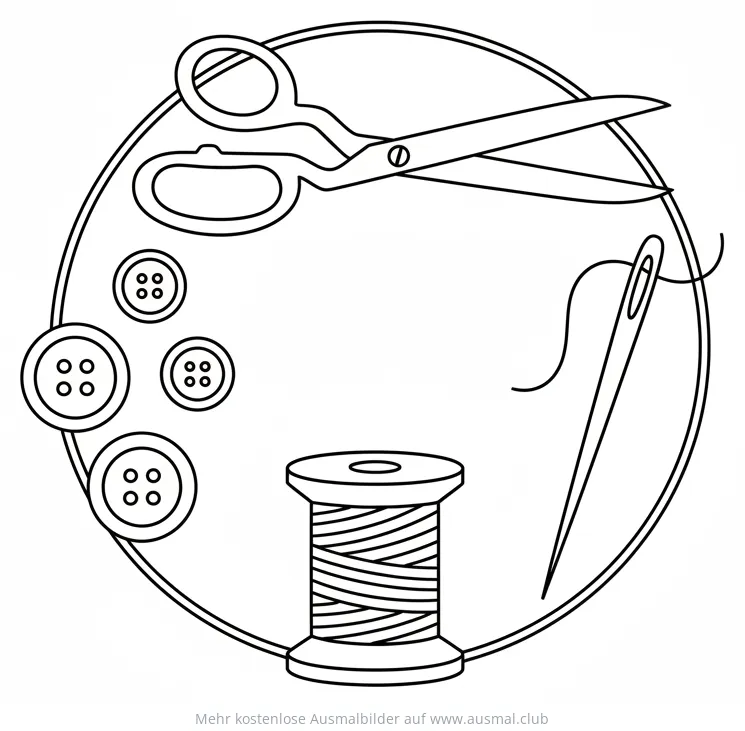 Nähzeug Ausmalbild mit Schere, Knöpfen, Garnrolle und Nadel