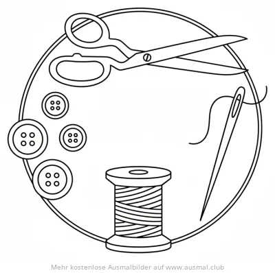 Nähzeug Ausmalbild mit Schere, Knöpfen, Garnrolle und Nadel