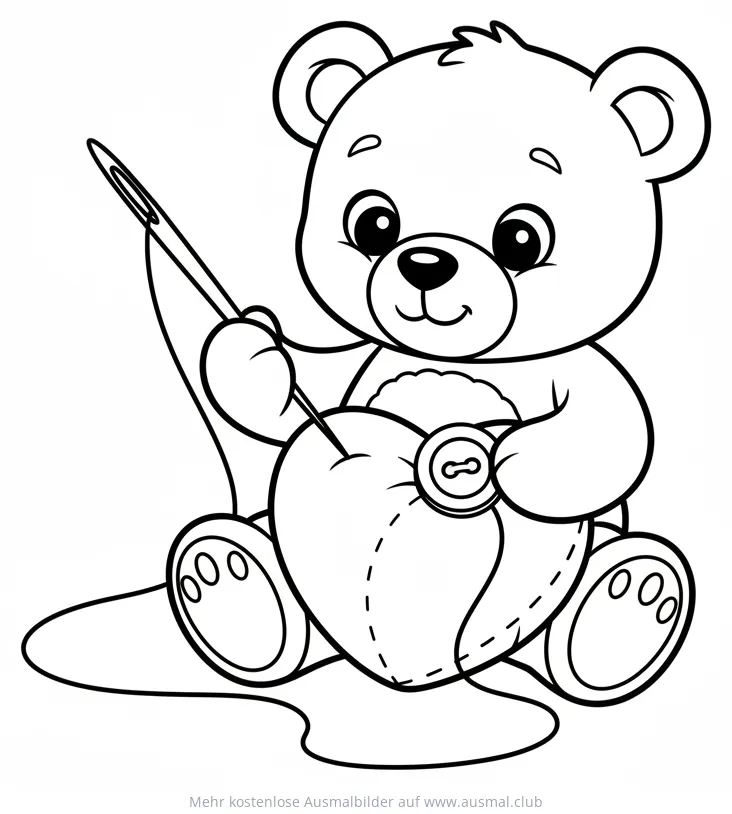 Teddybär näht ein Herz Ausmalbild