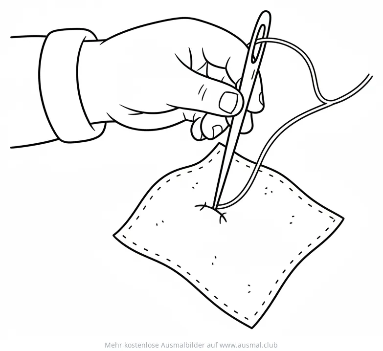 Hand näht mit Nadel und Faden durch Stoff, Ausmalbild