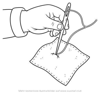 Hand näht mit Nadel und Faden durch Stoff, Ausmalbild