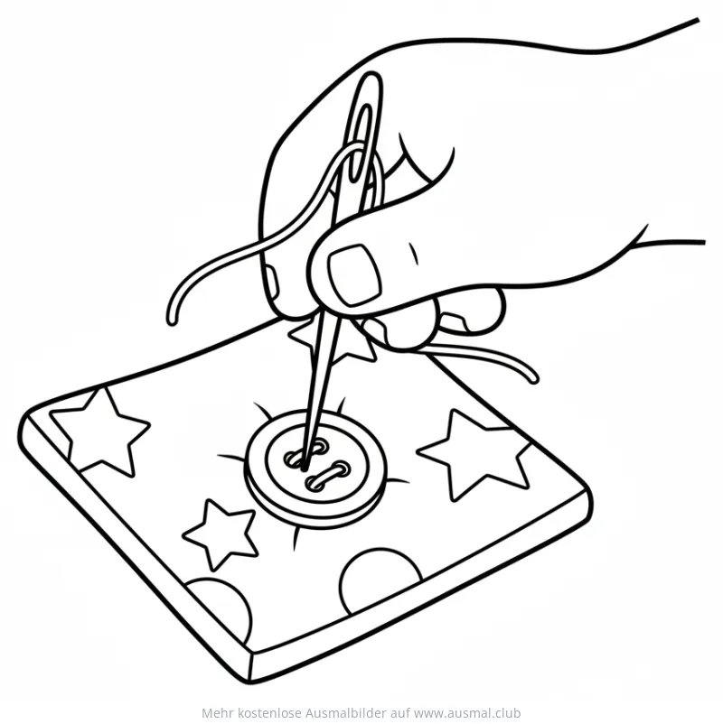 Knopf annähen Ausmalbild mit Hand und Nadel auf Stoff