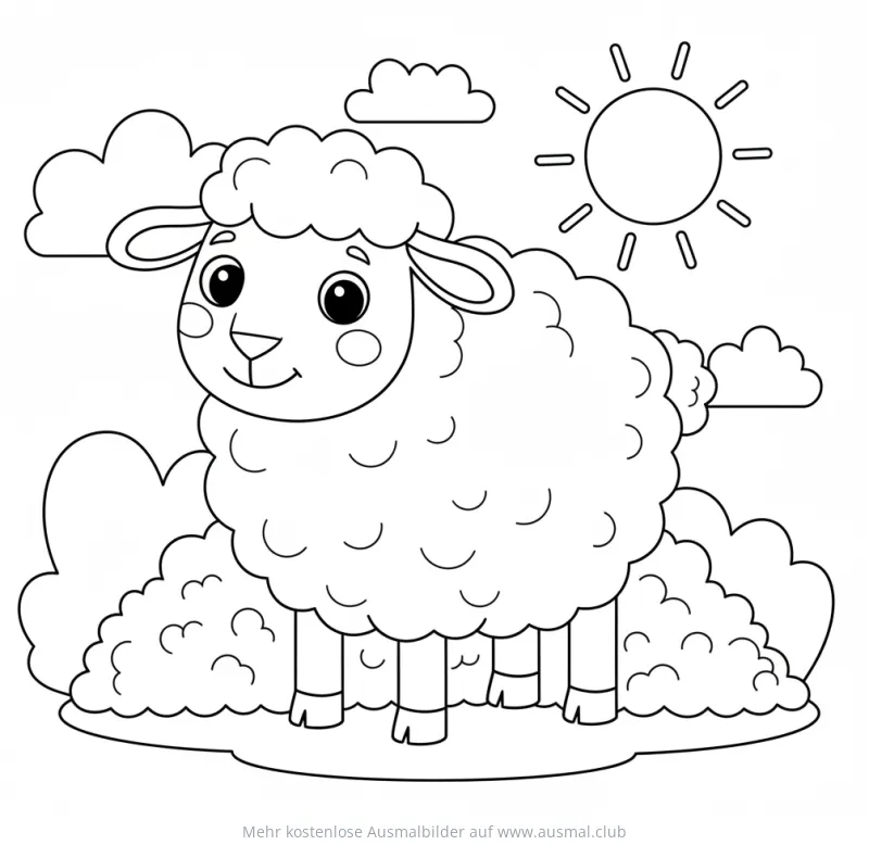Freundliches Schaf Ausmalbild mit Sonne und Wolken